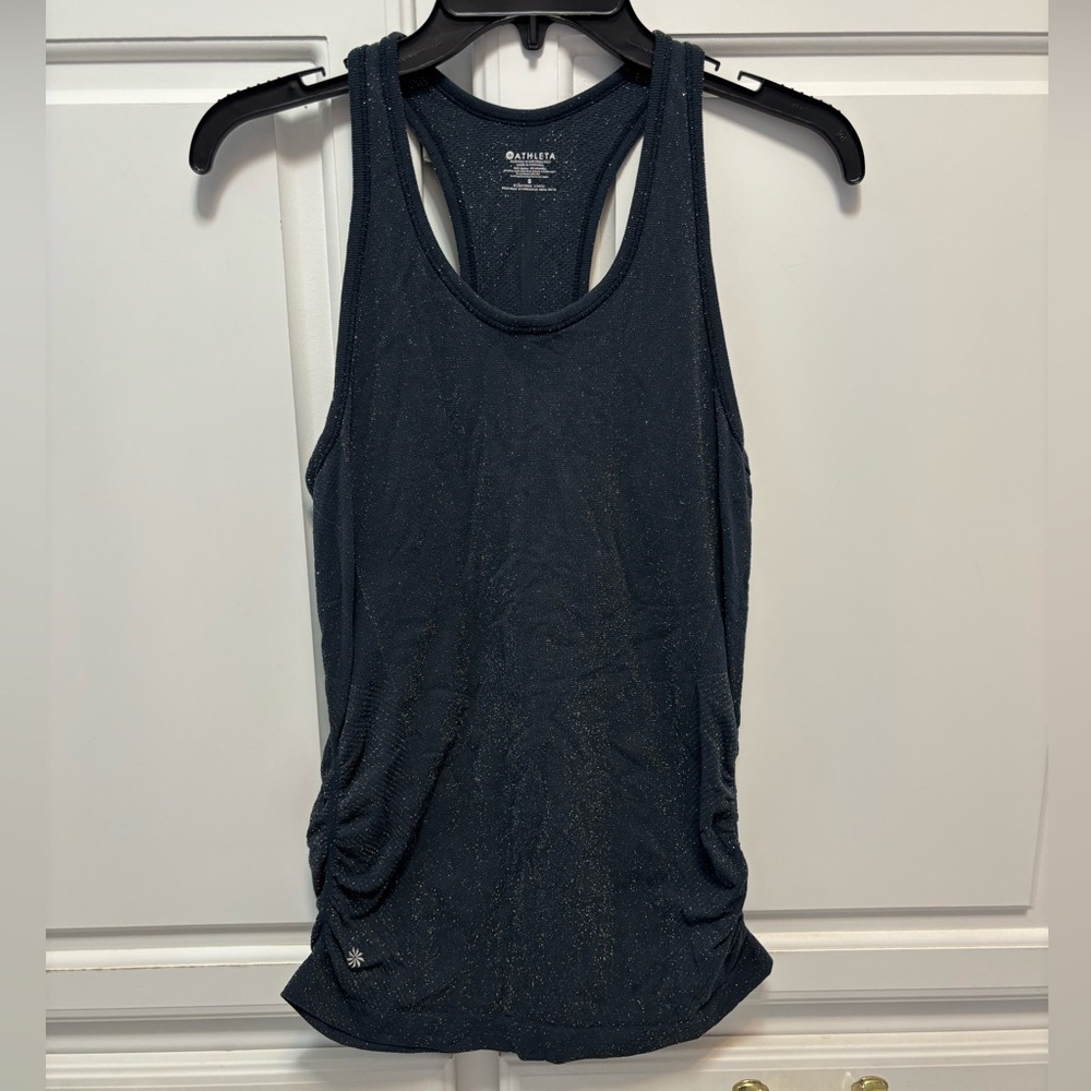 ATHLETA Momentum Shine Tank Gray Sparkly Ruched Side Women’s Size Small